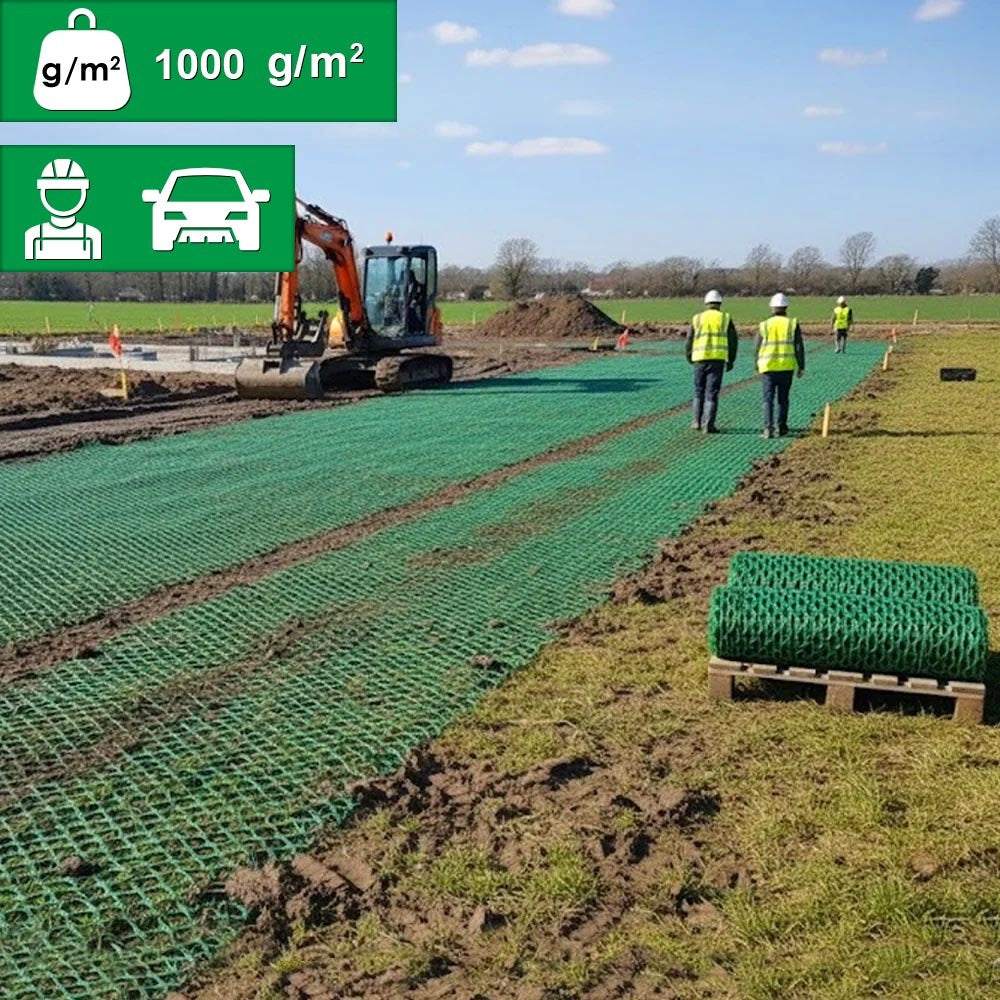 Heavy-duty, non-slip Grass Protection Mesh 9mm installed as a pedestrian walkway and ground reinforcement on a busy park path.