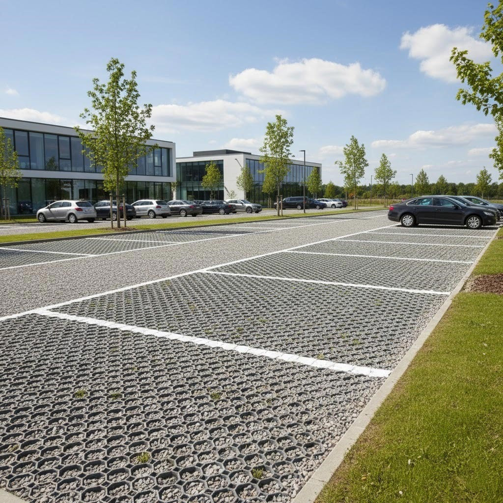 Heavy-duty plastic ground reinforcement grid system creating a sustainable urban drainage (SUDS) compliant parking area outside modern office buildings.