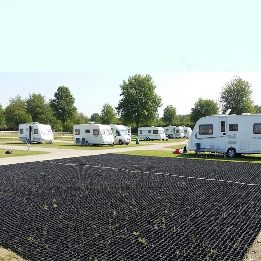 Heavy-duty porous paving grid covering a large area to prevent mud and improve drainage for caravan and motorhome parking.