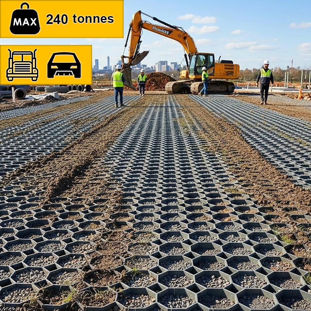Heavy-duty recycled plastic grass grid installed on a construction site access road, supporting max 240 tonnes with an excavator and workers visible.