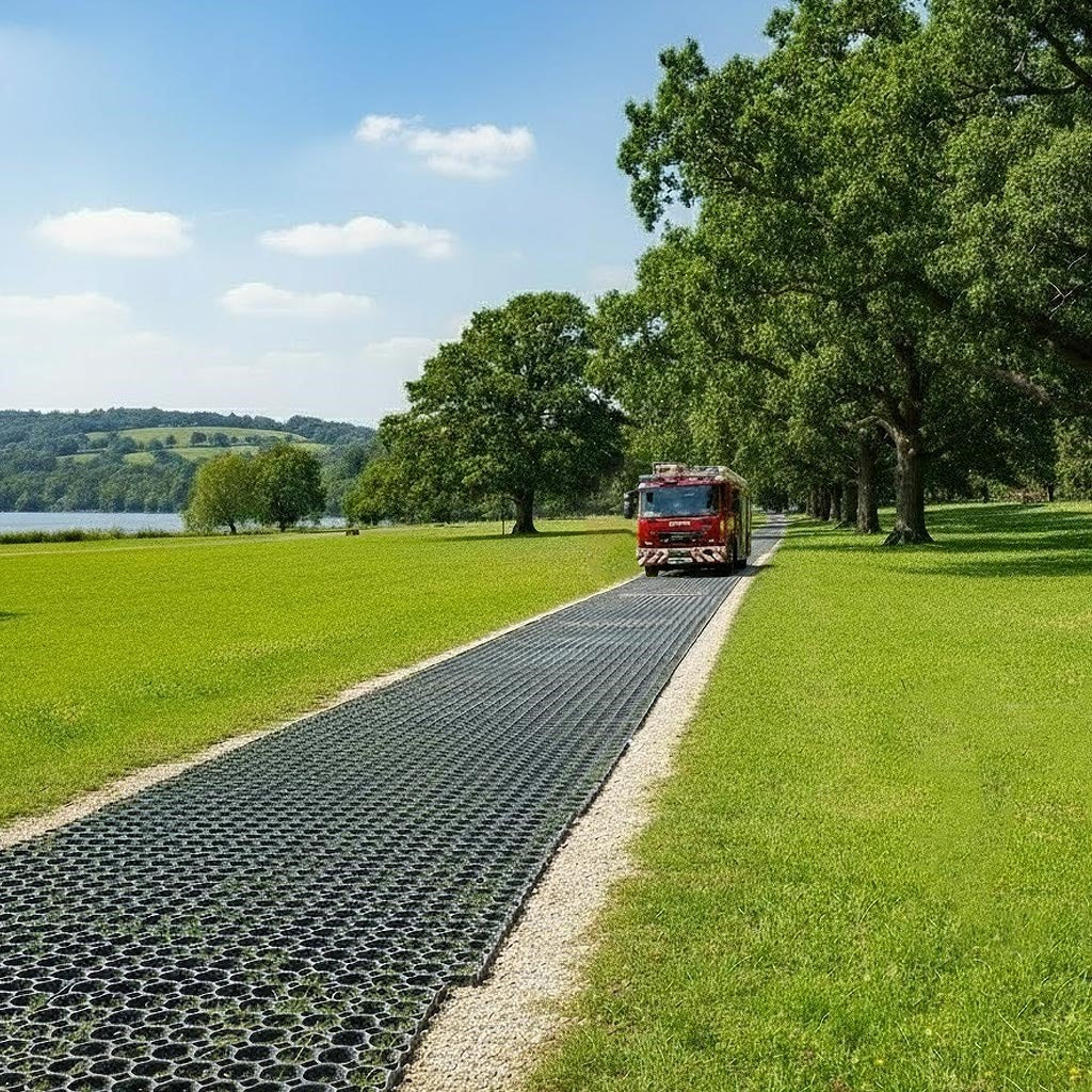 Heavy-duty recycled plastic grass grids forming a stable, permeable emergency access route in a park setting, safely supporting a fire engine.