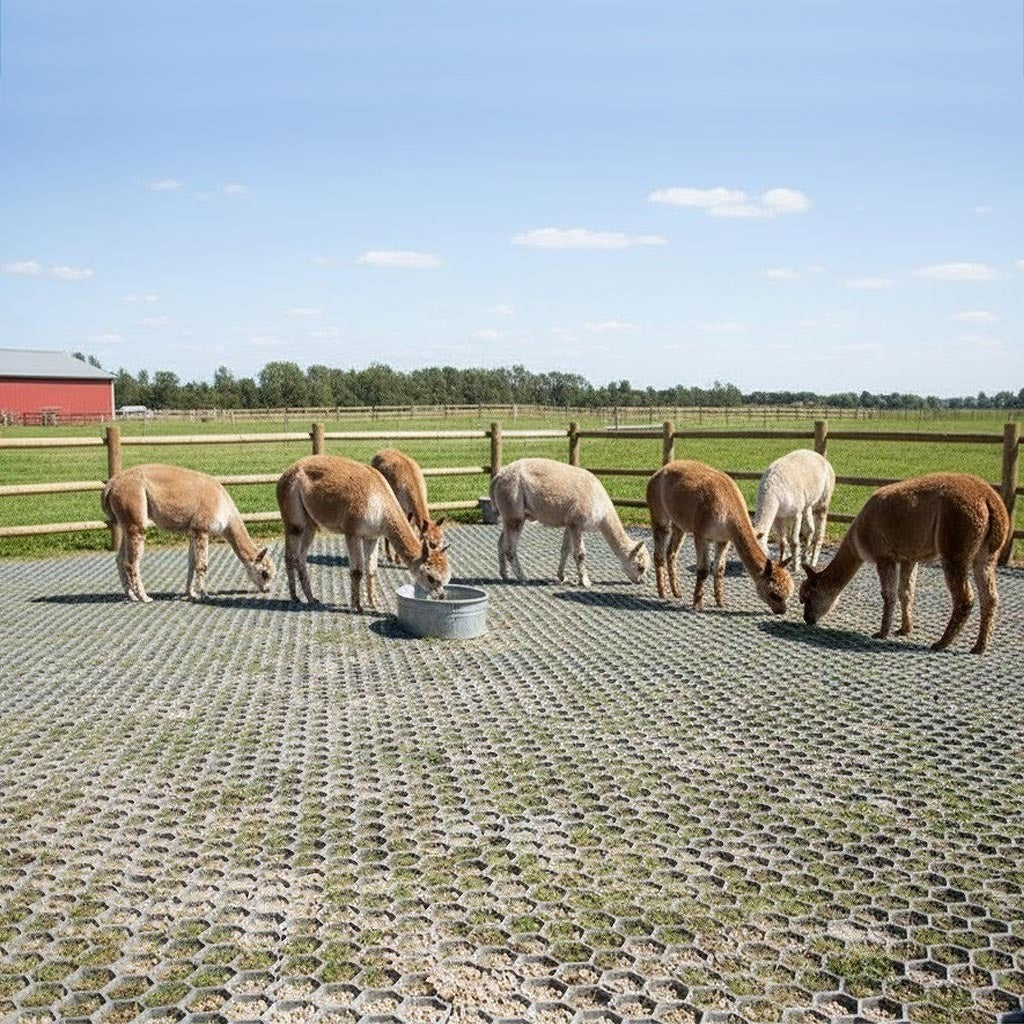 Heavy-duty recycled plastic grass grids stabilizing the ground in an animal enclosure or paddock, providing a mud-free feeding area for alpacas.