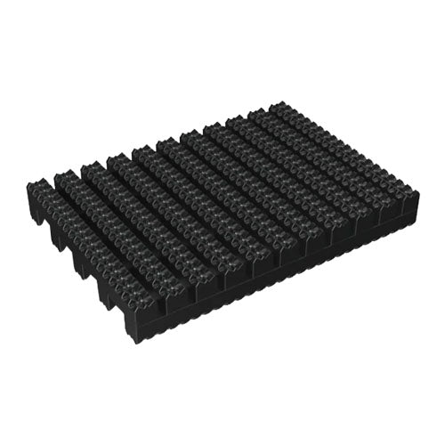 Heavy-duty rubber mat providing anti-fatigue and anti-slip comfort flooring for workplaces and wet environments. The black mat has a textured, modular surface for maximum drainage.