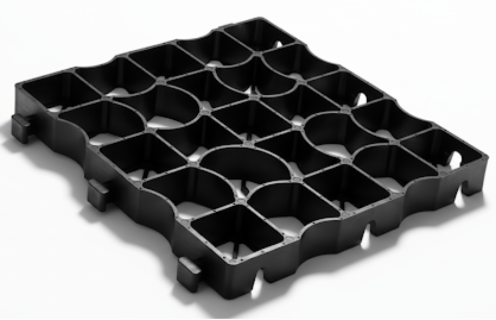 Heavy Duty Ground Grid black recycled plastic paver, for stable gravel and grass parking, driveways, and erosion control.
