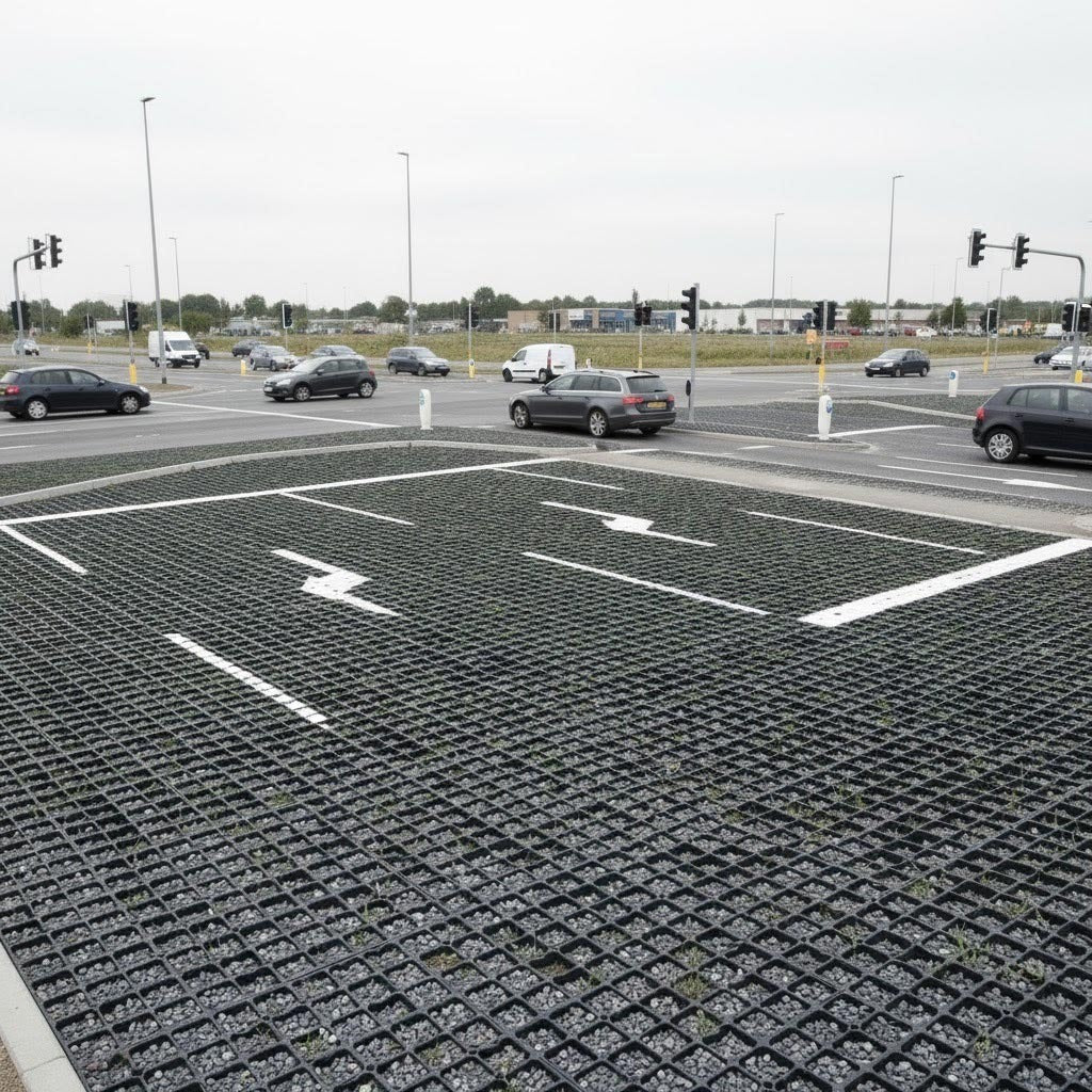Heavy Duty Ground Grid in black recycled plastic, stabilizing a commercial permeable parking lot and EV charging bays near a busy road intersection.