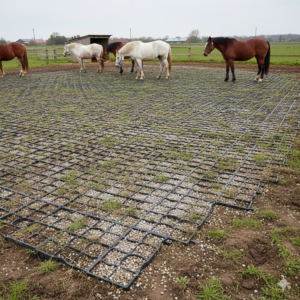 Heavy Duty Ground Grid, recycled plastic 330mm x 330mm x 50mm, installed in a horse paddock to prevent mud, stabilize the ground, and improve drainage.