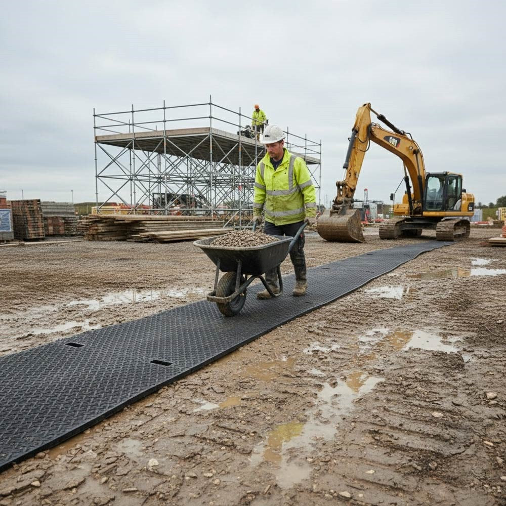 Heavy duty access mat protecting turf and sensitive ground