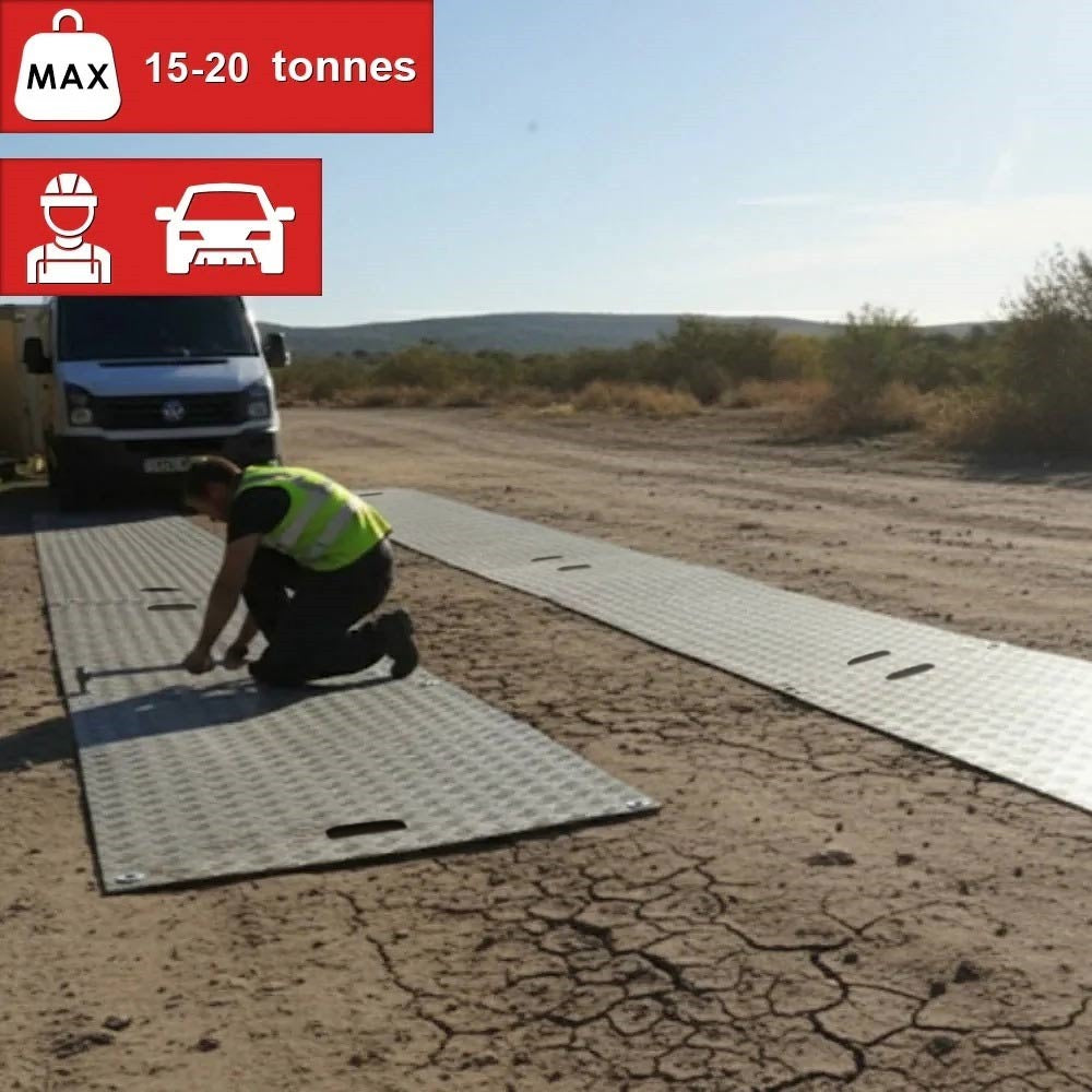 Worker installing heavy duty ground protection mats on dirt road