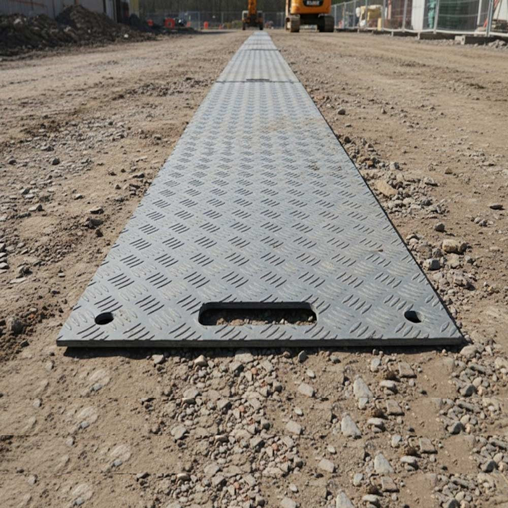 Heavy duty grey ground protection mat laid on gravel construction site
