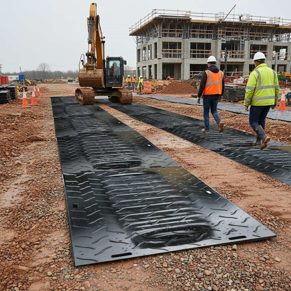 Heavy vehicle driving safely over interlocked heavy duty ground protection mats
