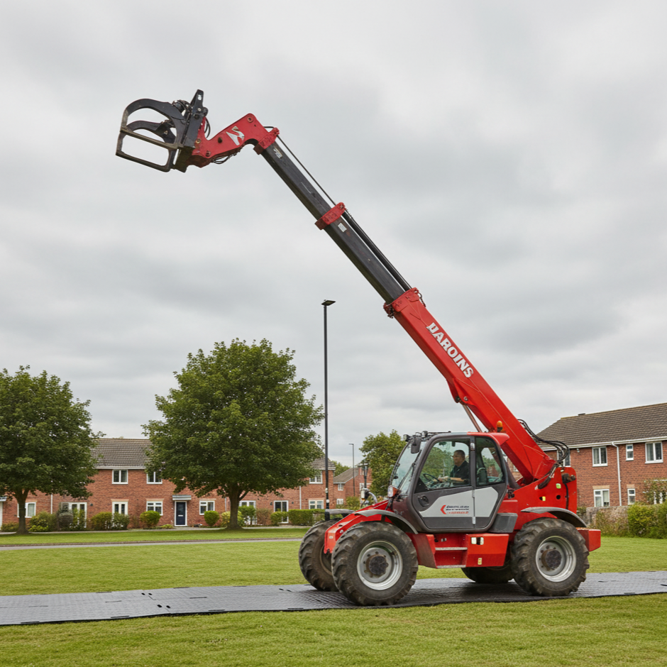 Heavy vehicle on medium duty access mat preventing ground damage