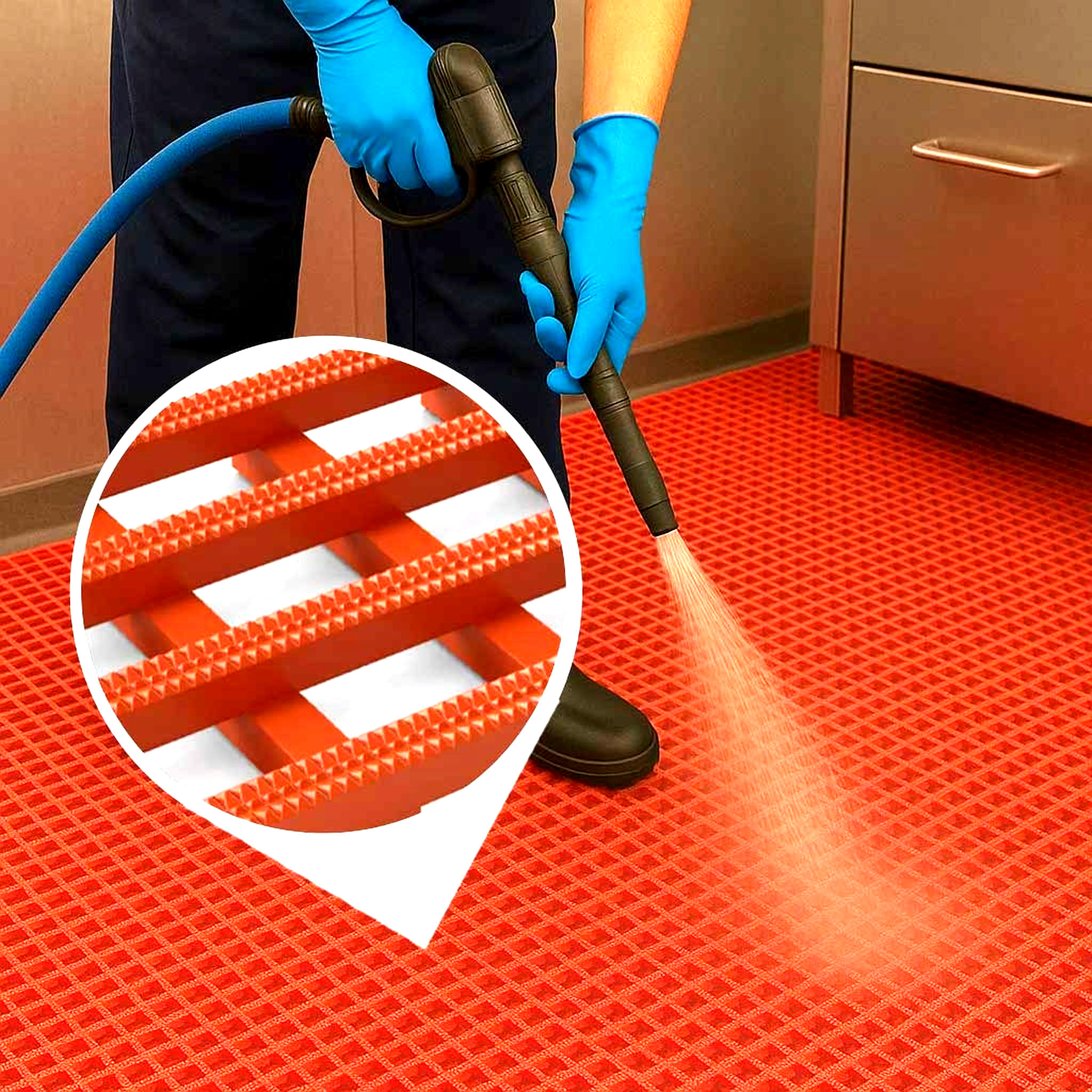 High-visibility Anti-Fatigue Anti-Slip Rubber Mat designed for deep cleaning. The mat provides non-slip, comfortable flooring in industrial kitchens and wash-down wet areas.