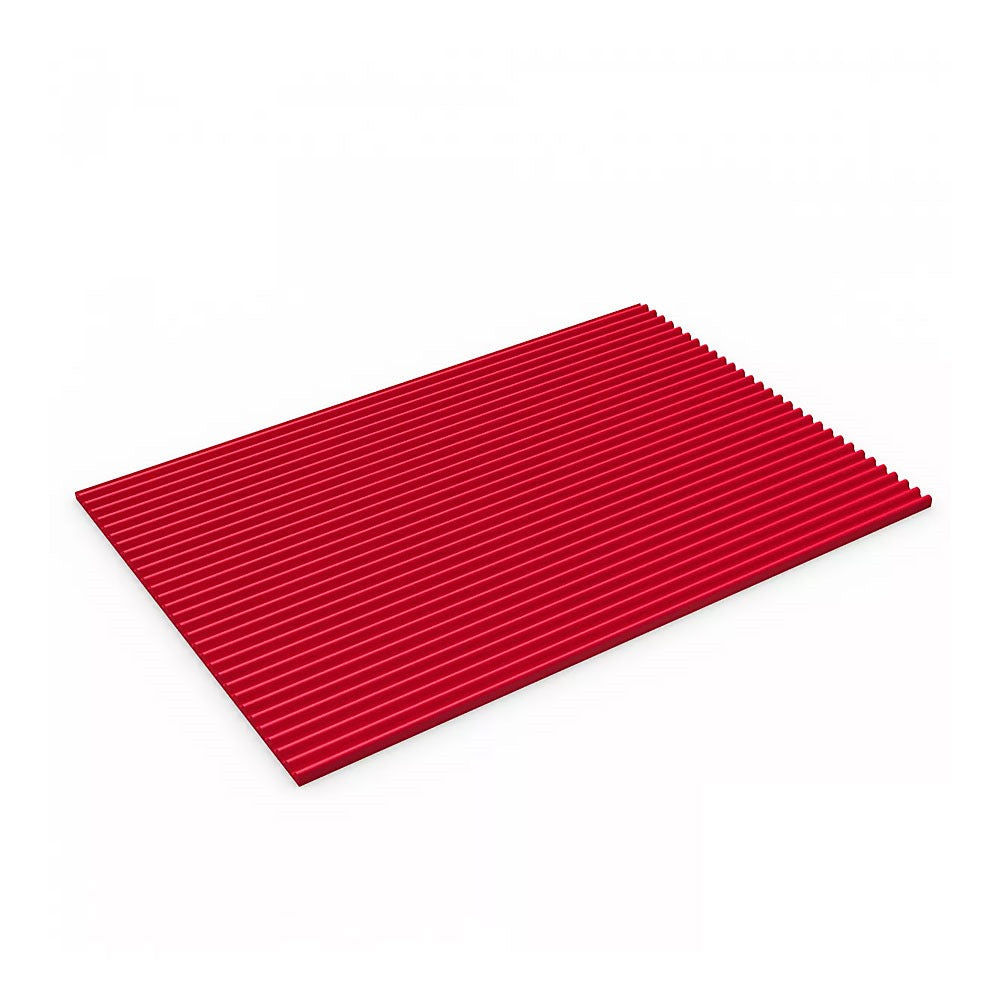 High-visibility red fine ribbed PVC matting panel, showcasing the dense, narrow corrugated pattern of the slip-resistant surface. This matting is sold as a 1m x 25m roll and is chemical and oil resistant for industrial and commercial flooring applications.