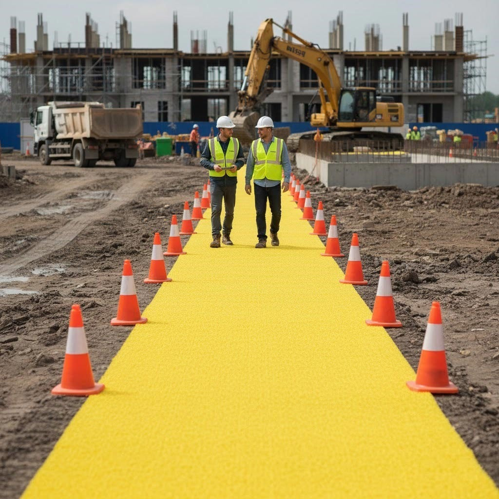 Highly visible yellow temporary flooring protecting a pedestrian route through a dusty demolition site, demonstrating the anti-slip texture and 12m x 1.2m size for heavy-duty safety applications.