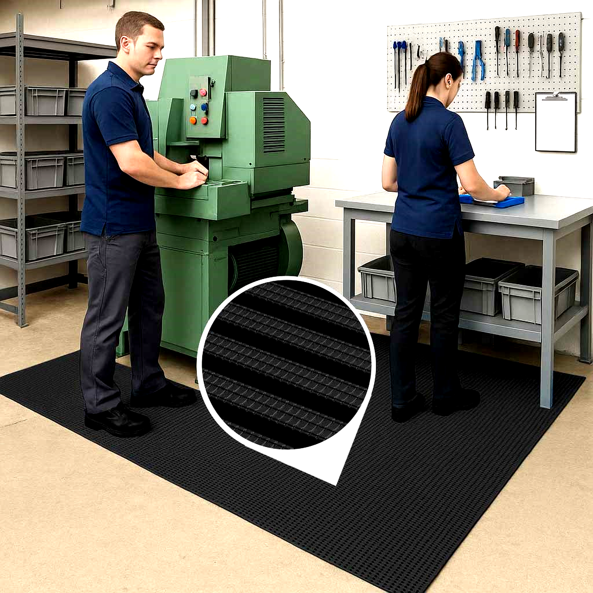Industrial Anti Fatigue Workplace Mat providing slip resistant comfort flooring for workers in a manufacturing or workshop environment. The durable, thick black mat helps reduce strain on feet and legs.