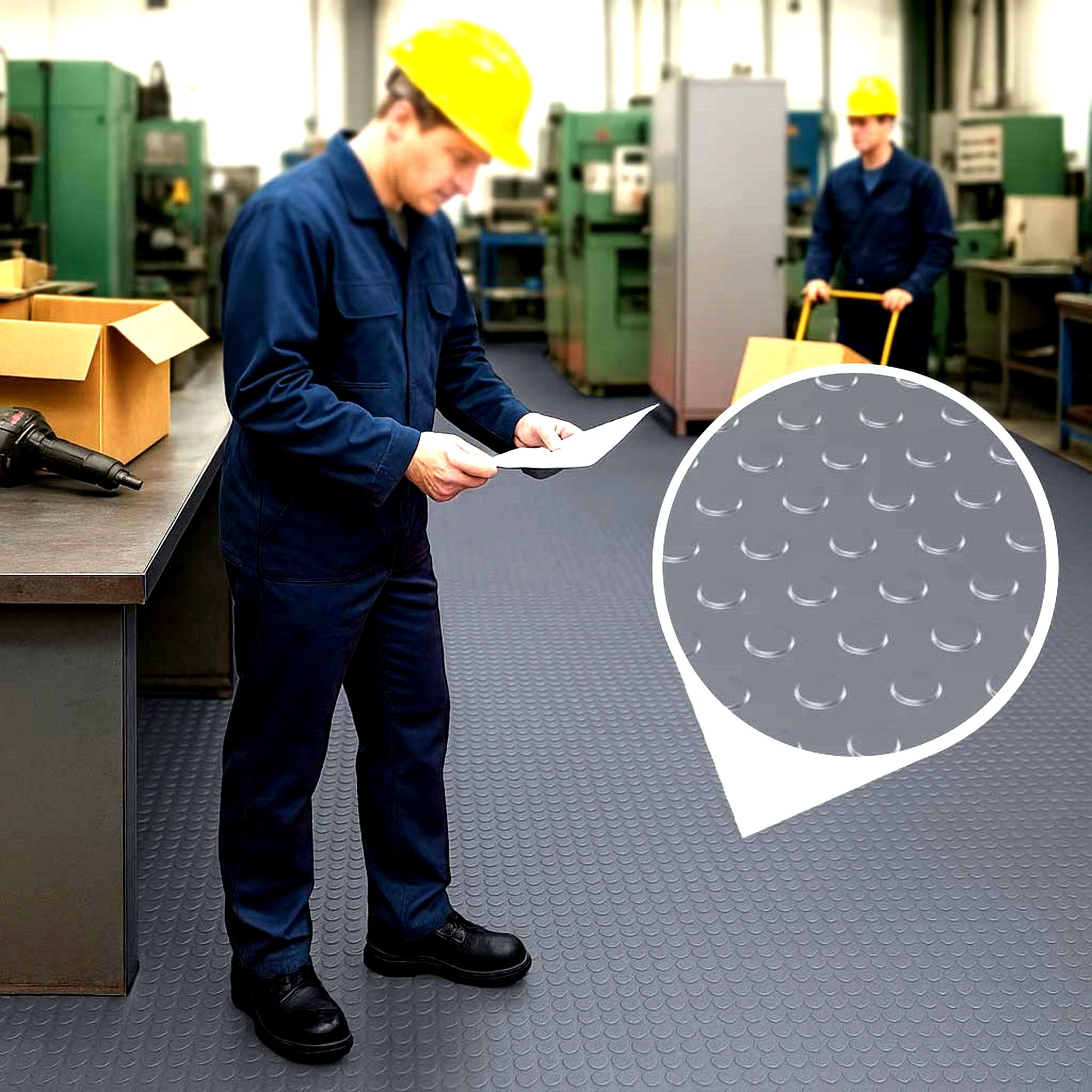 Industrial scene with two workers on grey, heavy-duty, dot-pattern PVC flooring; inset highlights the slip-resistant, waterproof texture.