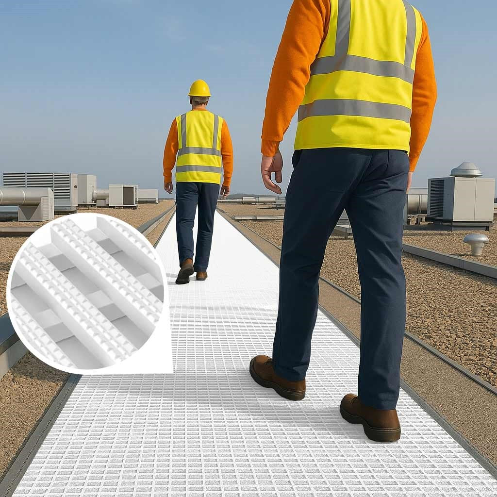 Industrial workers use white Roof Walkway Matting for flat roof protection; close-up inset shows the anti-slip grid pattern, ensuring safe footing on a commercial roof