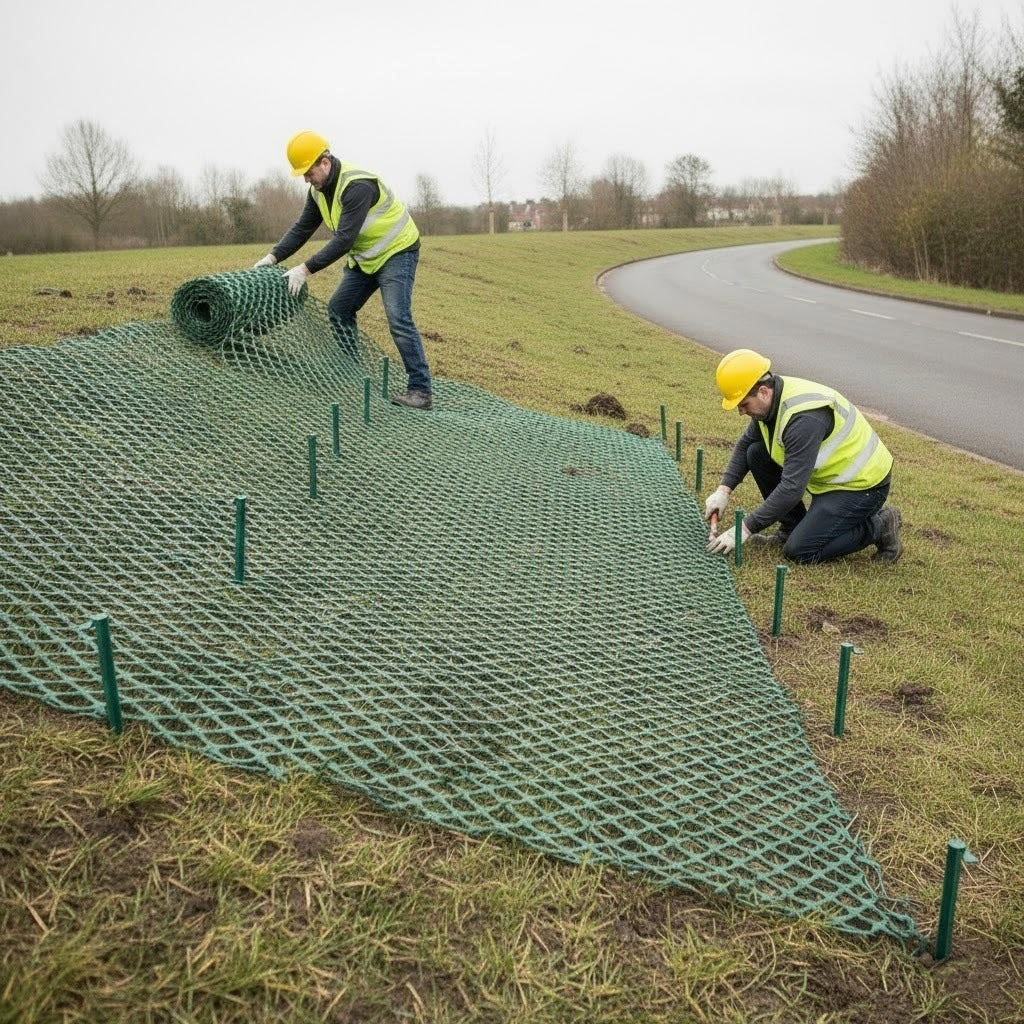Installation of UV Stabilised 11mm Pedestrian Walkways Embankment on a sloped embankment, secured with pins for **ground reinforcement** beside a road.