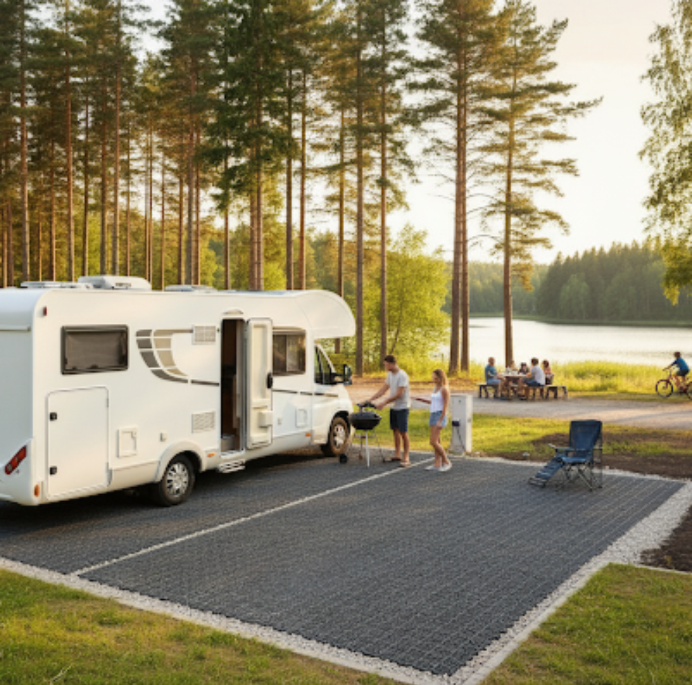 Interlocking black plastic grid tiles showing drainage holes and locking system