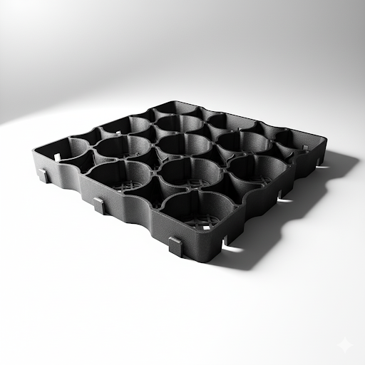 Interlocking black plastic paving tiles with drainage holes
