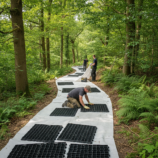 Interlocking ground grid system promoting natural water drainage