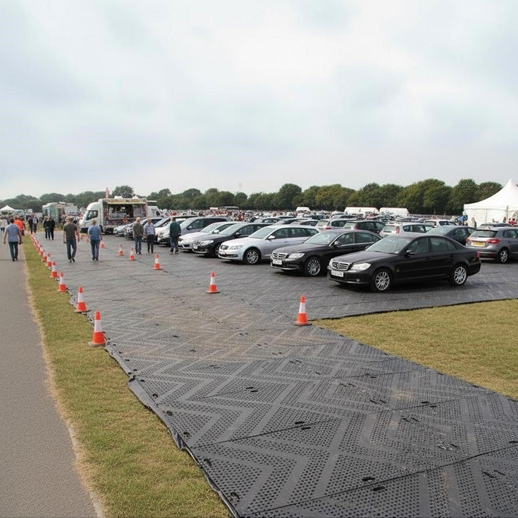 Interlocking non-slip ground protection panels used at an outdoor fair, delineating a temporary car park and providing a durable, stable access route for both vehicles and pedestrian traffic over soft ground.