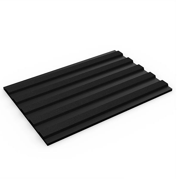 Isolated black electrical insulation matting panel, showcasing the thick, deep-ribbed non-slip rubber safety surface. This durable and oil-resistant mat provides high voltage protection for workspaces and machinery.