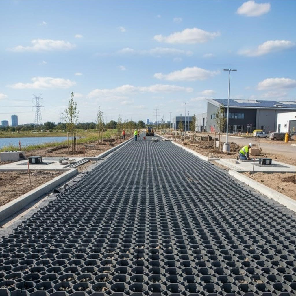 Large-scale installation of heavy-duty recycled plastic grass grids forming a wide access road or car park on an industrial site with buildings and a skyline in the background.