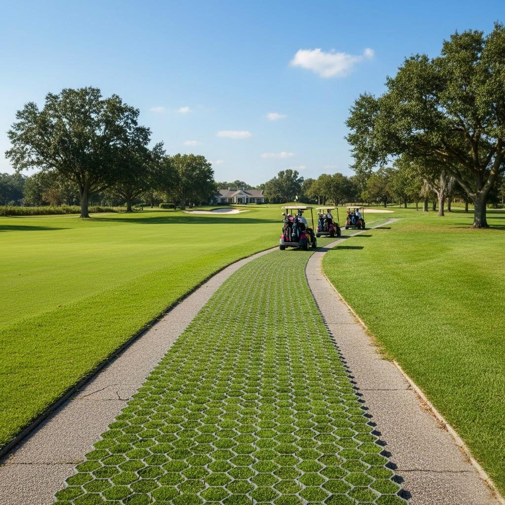 Large area of black recycled plastic ground reinforcement grids installed at a caravan site, creating stable, all-weather pitches for touring caravans and motorhomes.