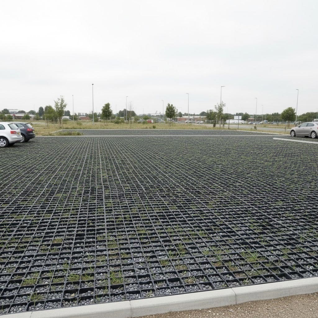Large commercial parking lot reinforced with heavy duty black recycled plastic ground grids (330mm x 330mm x 50mm) to create a permeable, stable, and eco-friendly surface.