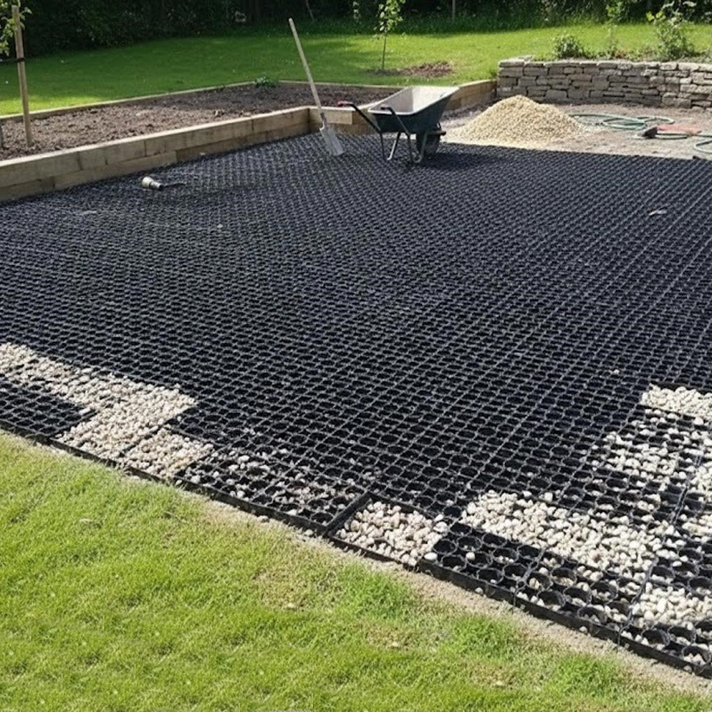 Lawn reinforcement grid installed under a grass parking area to prevent rutting and muddy patches.
