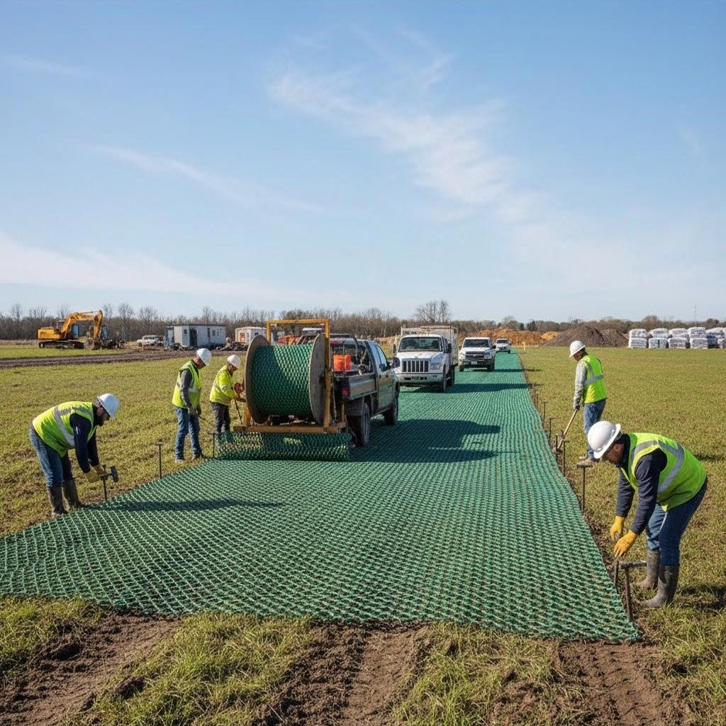 Long roll of green Ground Reinforcement Mesh being installed and pinned over a field to create a stable, non-slip access road for site vehicles.