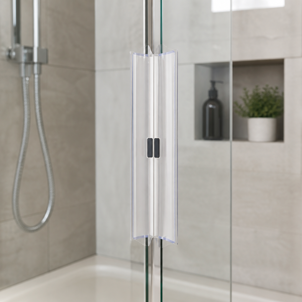 Clear seal pair fitted at glass shower door join, chrome tap and plant alcove behind
