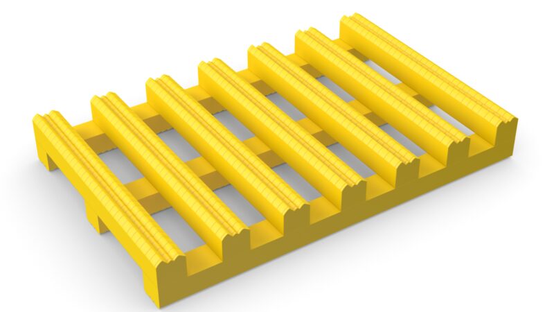 Modular Yellow Slip-Resistant Walkway Mat section with a square grid surface and open channels for drainage, used for general wet area safety flooring.