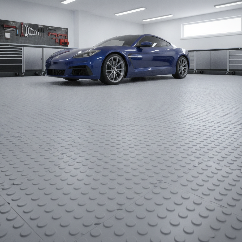 Light grey interlocking PVC garage floor tiles covering a modern home garage with a car parked on top
