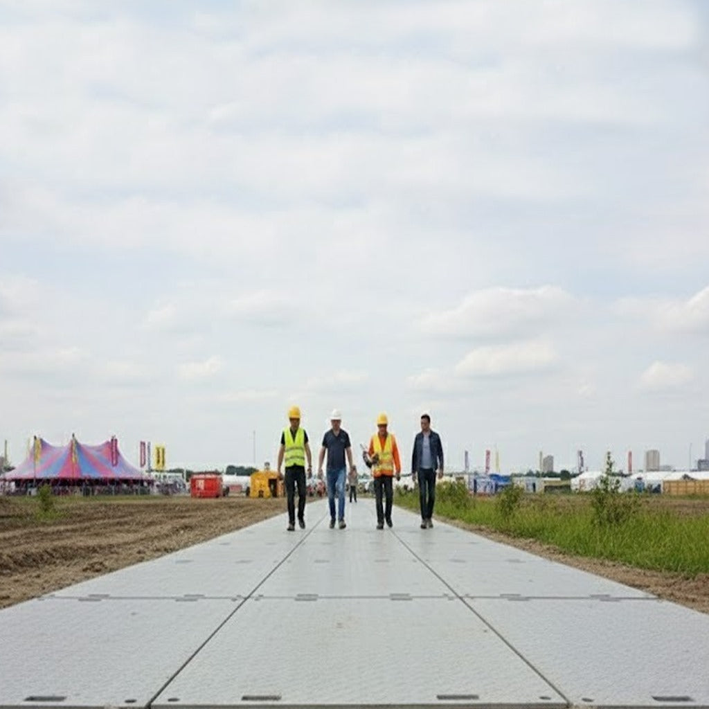Non-slip, temporary pedestrian path constructed with plastic ground mats, ensuring safe and clean passage for personnel at a construction or event site.