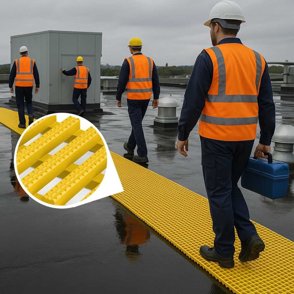 Non-slip yellow Roof Walkway Matting for flat roof protection; close-up inset shows the open-grid structure for safe access over industrial roofing.