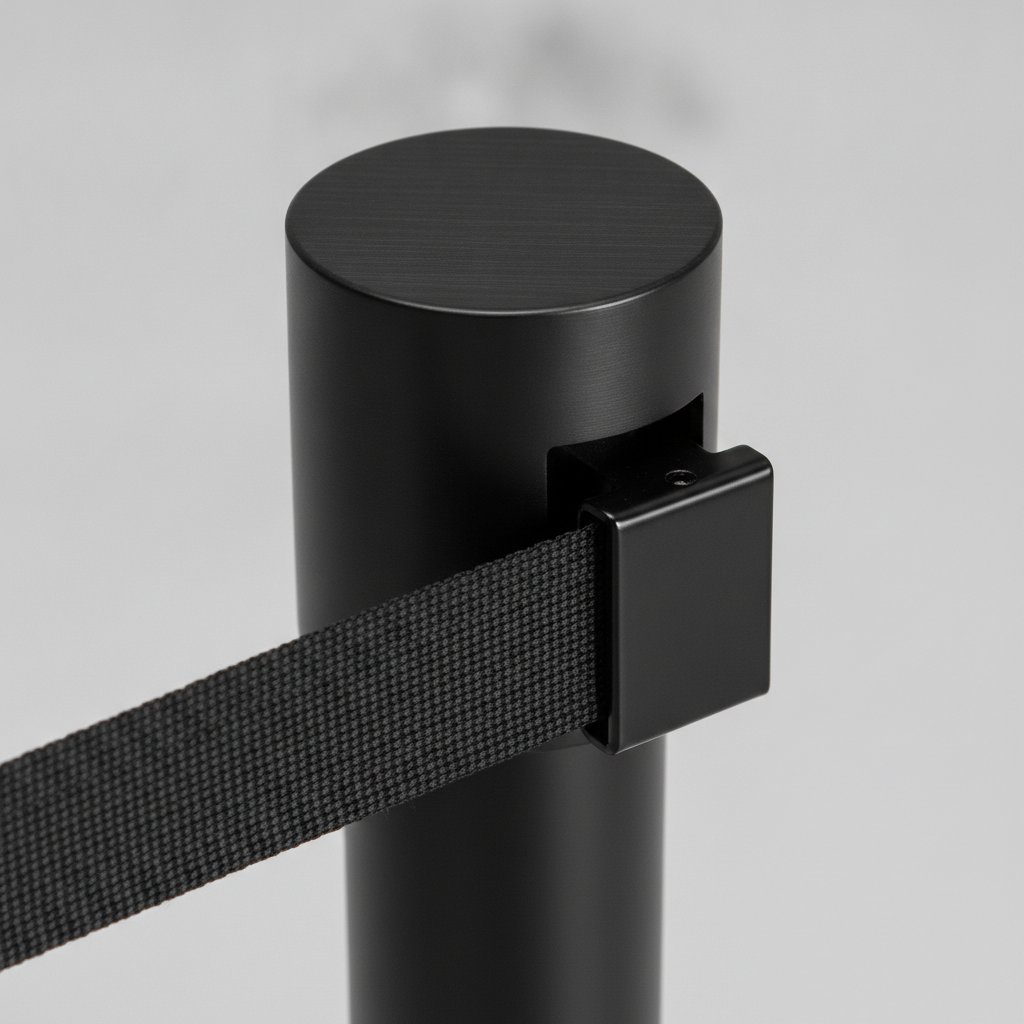 Close-up of the retractable belt cassette and locking belt end on a black queue barrier stanchion post