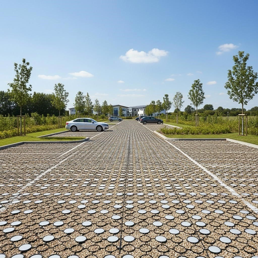 Permeable parking lot surface using heavy duty black recycled plastic Ground Stabilisation Grids filled with gravel, providing a durable and eco-friendly parking solution.