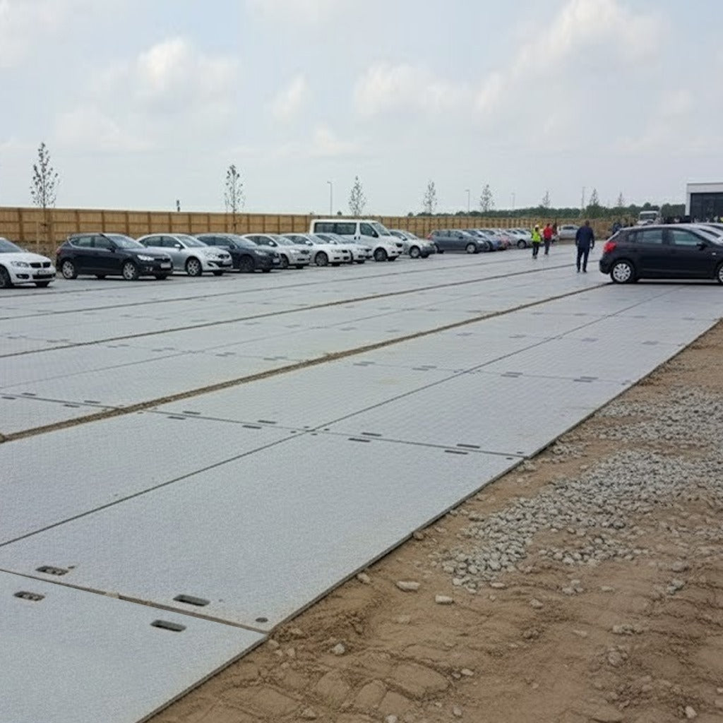 Portable matting system used to construct an overflow car park at an outdoor event or facility, providing a firm surface for cars and foot traffic.