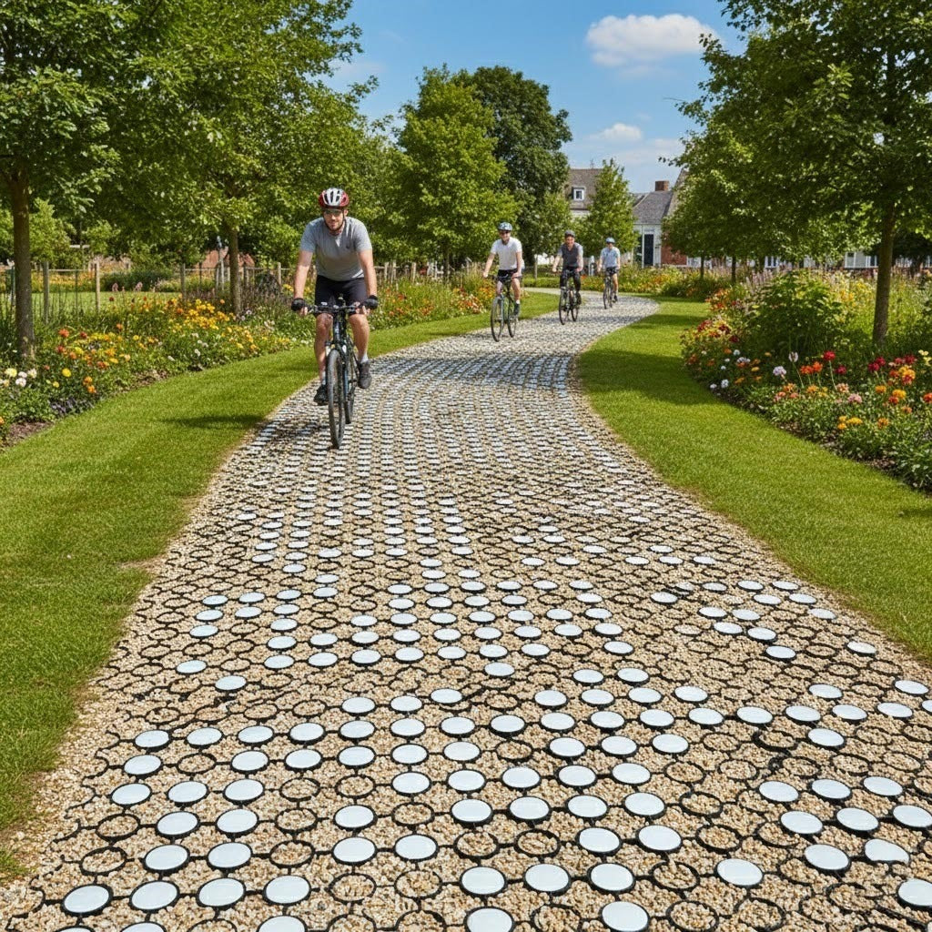 Recycled black plastic ground stabilisation grid creating a stable, heavy duty, and permeable cycle path or pedestrian walkway through a park.