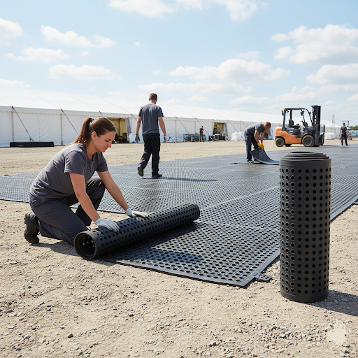 Recycled rubber ground protection mat with anti-slip surface