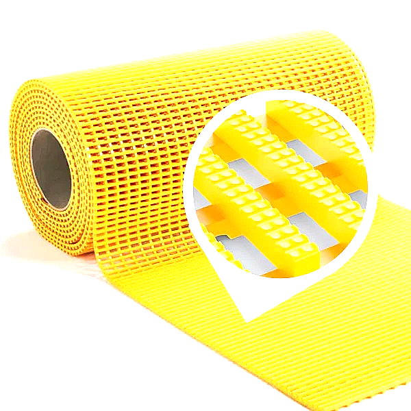 Roll of bright yellow non-slip safety walkway matting with a perforated open grid design and integrated drainage system for commercial roofs.