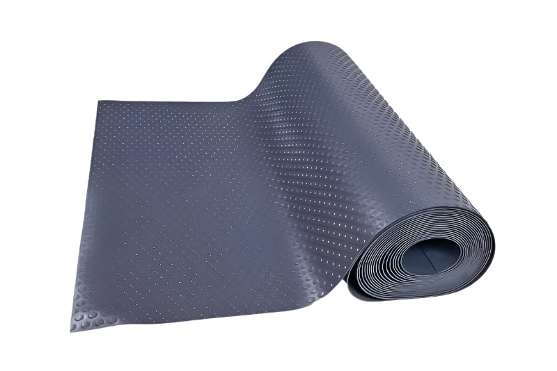 Roll of dark grey, slip-resistant button pattern Vinyl PVC matting for industrial walkways, waterproof and easy to install.