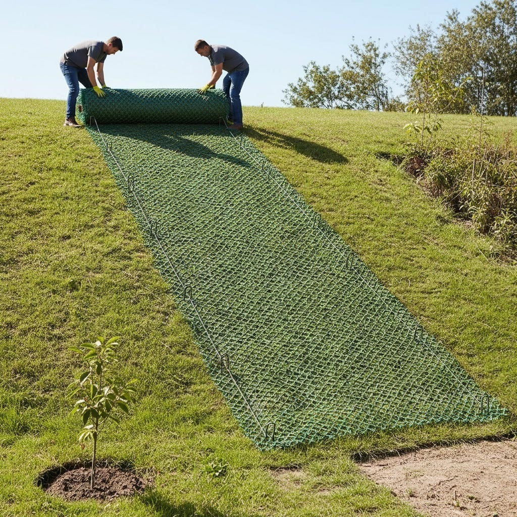 Rolling out heavy-duty Grass Protection Mesh (11mm) and securing it with U-pins on a roadside embankment to stabilize the soil and prevent slippage.