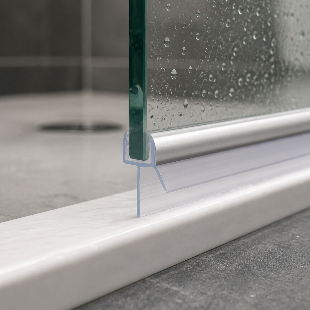 Close-up of the seal on a glass edge with water droplets and a floor drain visible