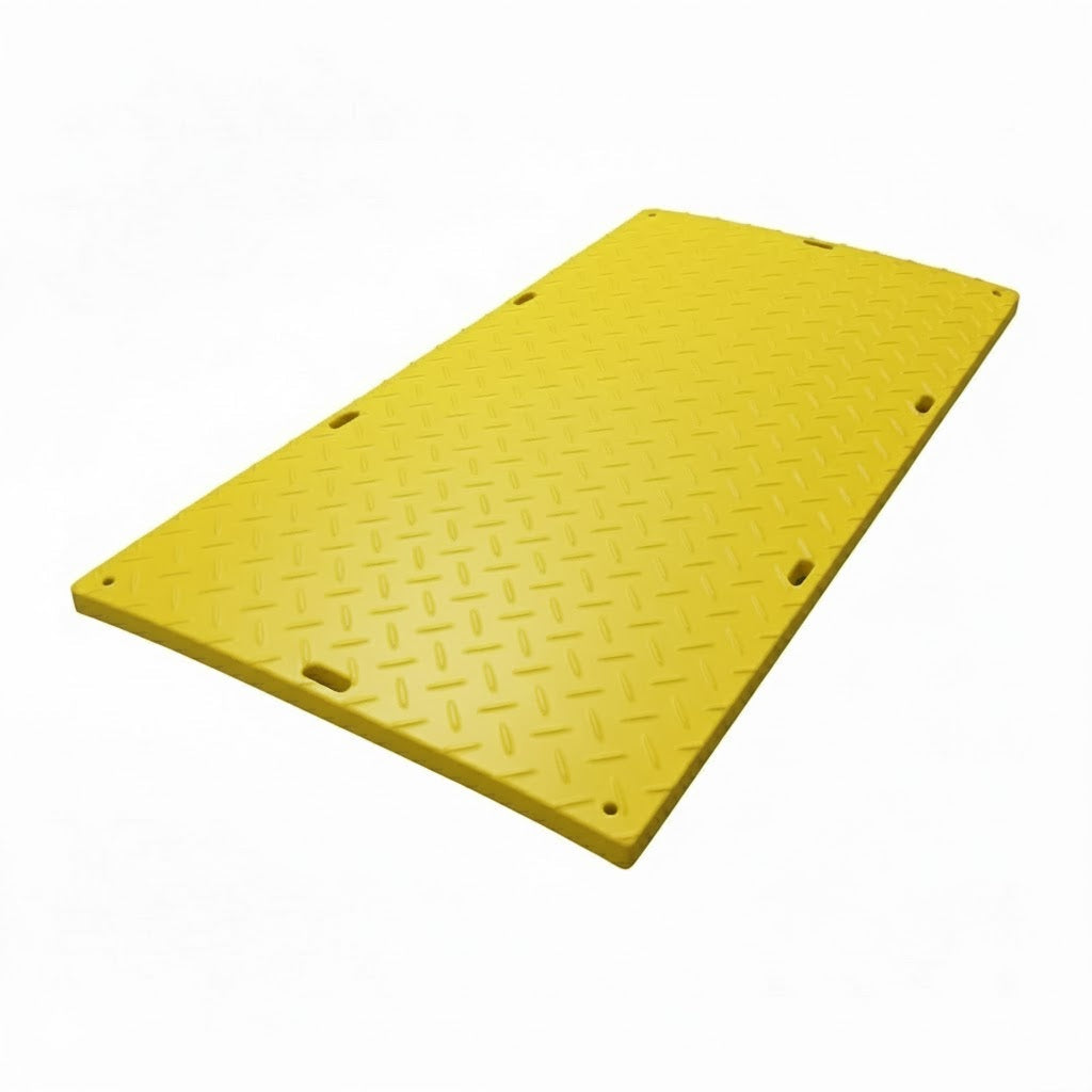 Safety yellow reusable construction ground protection mat with pre-drilled holes