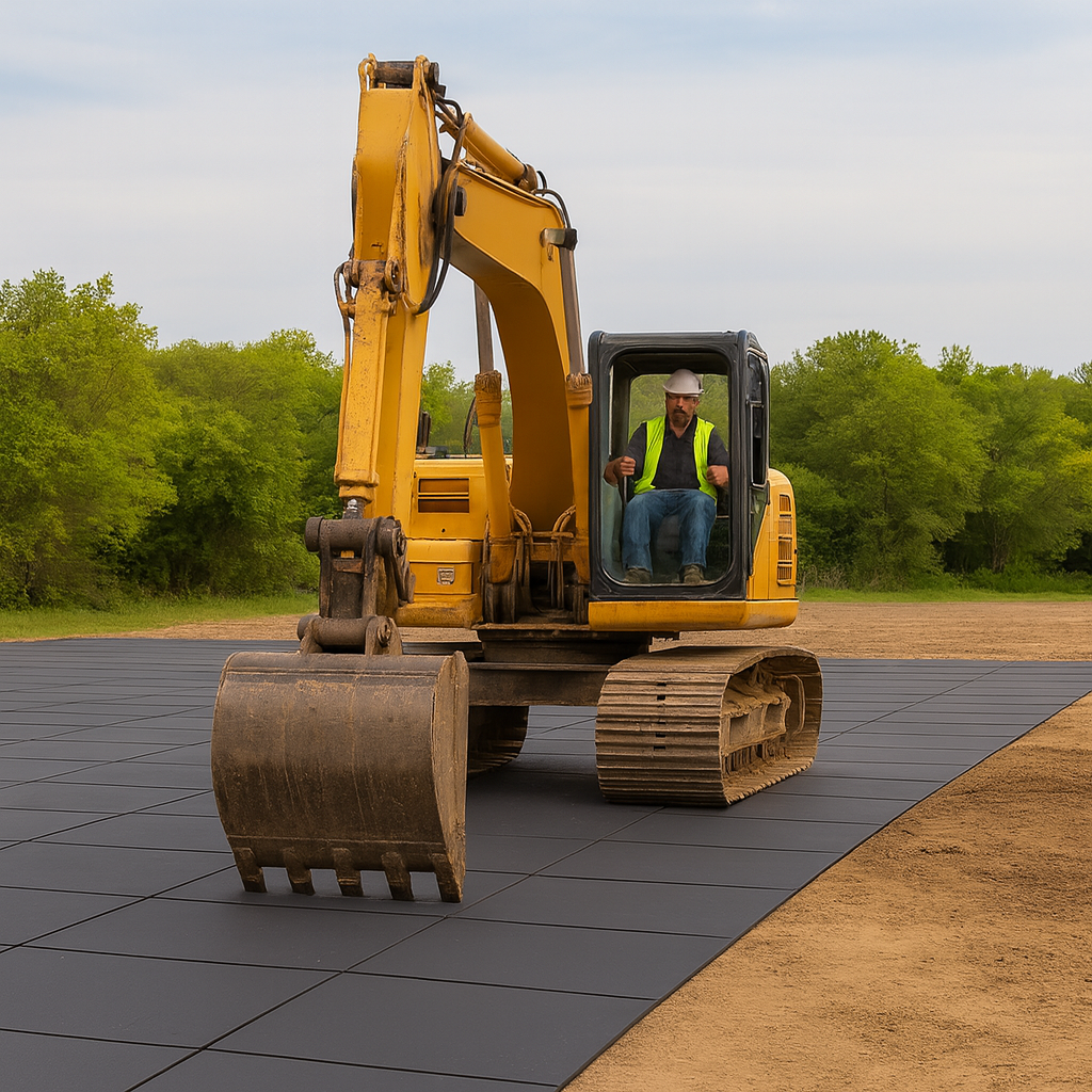 Single-sided plastic access mat protecting grass and soil
