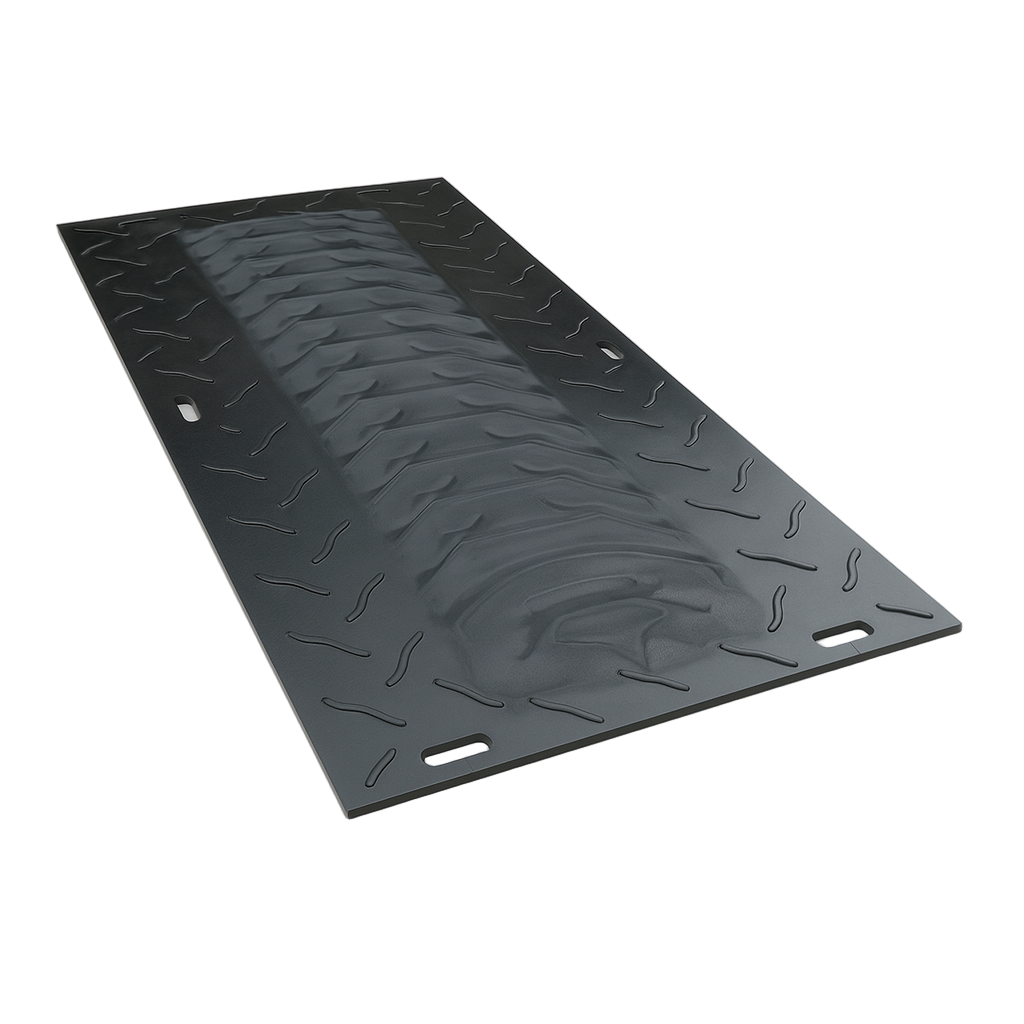 Stack of durable recycled polyethylene access mats ready for transport and storage