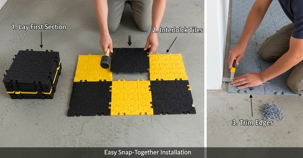 Step-by-step installation of interlocking floor tiles with easy snap-together design